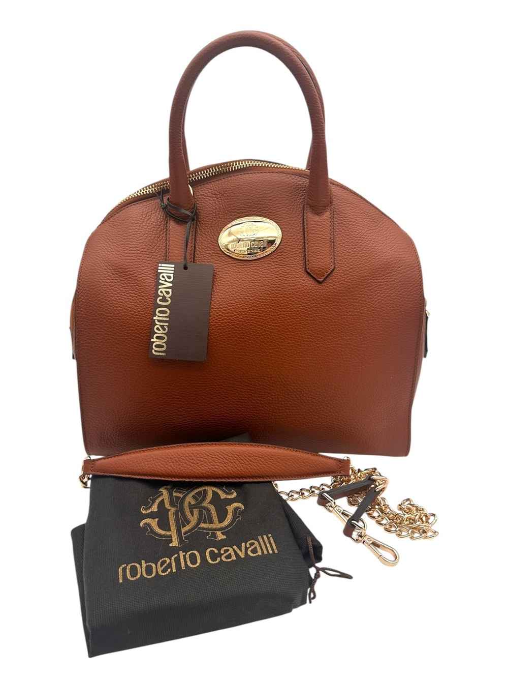 Roberto Cavalli Vitello Stampa Dollaro Brown Italian Leather Satchel Handbag